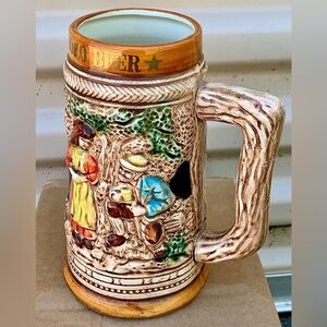 Mid Century Vtg Sapporo Japanese Beer Stein Embossed Glazed Ceramic Artwork Mug